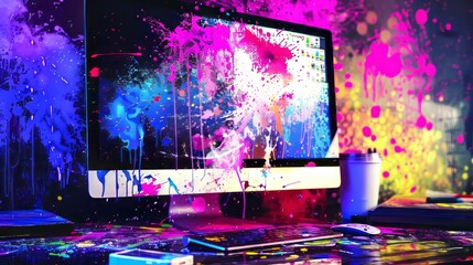 Wall Mural - vibrant digital art background featuring a computer screen with dynamic paint splashes and futuristi