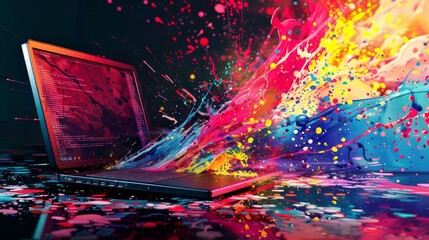 Poster - Vibrant digital art background featuring a computer screen with dynamic paint splashes and futuristic technology effects, ideal for creative design projects, tech-themed visuals, and modern wallpaper 