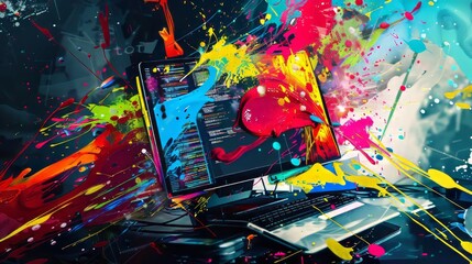 Wall Mural - Vibrant digital art background featuring a computer screen with dynamic paint splashes and futuristic technology effects, ideal for creative design projects, tech-themed visuals, and modern wallpaper 