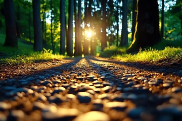 Poster - A warm, nostalgic scene of amber light filtering through the trees at dusk, casting long shadows across a quiet forest path