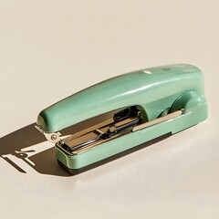 Poster - Photograph of a green stapler remover placed centrally on a plain light colored surface showcasing the simple and functional design of this common office equipment