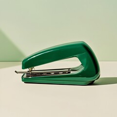 Poster - Minimalist photograph of a green stapler remover centered and isolated on a clean bright surface  The simple functional office supply is captured in a modern graphic composition
