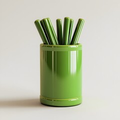 Poster - Centrally Placed Green Pen Holder Against a Bright Light Background Showcasing a Minimalist and Organized Office Desk Setup for Business or Creative Workspace