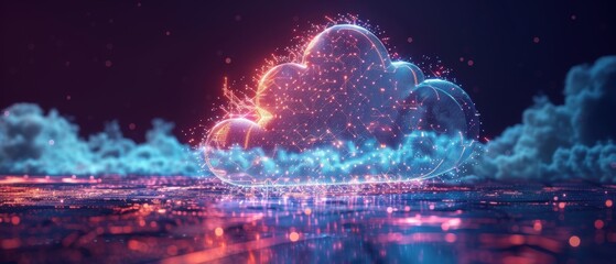 Wall Mural - Futuristic 3D Hologram of Cloud Computing Network with Glowing Digital Connections on White Background