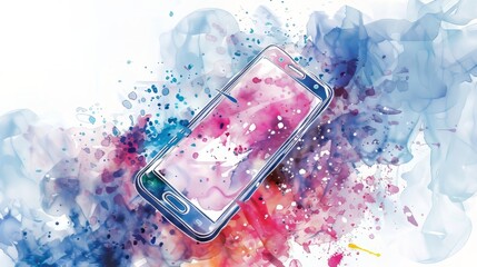 Watercolor illustration of modern smartphone with sleek design and vibrant display, showcasing innovative technology and mobile connectivity - ideal for digital marketing, e-commerce product listings,