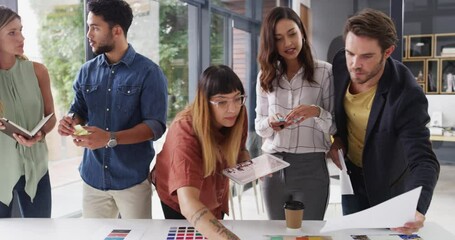 Poster - Business people, collaboration and planning in office with paperwork, discussion and marketing strategy. Teamwork, employees or brainstorming in boardroom with communication and creative planning