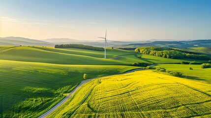 Wall Mural - 1. aerial view of wind turbine in rural landscape, green fields and agricultural land with yellow ca