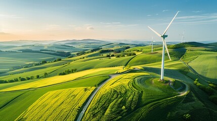 Wall Mural - 1. aerial view of wind turbine in rural landscape, green fields and agricultural land with yellow ca