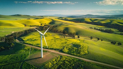 Sticker - 3. high-angle aerial shot of a wind turbine surrounded by rural landscape, lush green fields, and ye