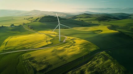 Sticker - 3. high-angle aerial shot of a wind turbine surrounded by rural landscape, lush green fields, and ye