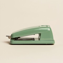 Poster - A minimalistic overhead photograph of a green stapler lying flat at the center of a light colored background  The stapler is the focal point showcasing its simple functional design against a clean