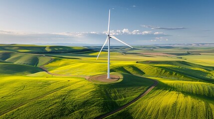Sticker - 3. high-angle aerial shot of a wind turbine surrounded by rural landscape, lush green fields, and ye
