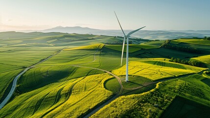 Sticker - 3. high-angle aerial shot of a wind turbine surrounded by rural landscape, lush green fields, and ye