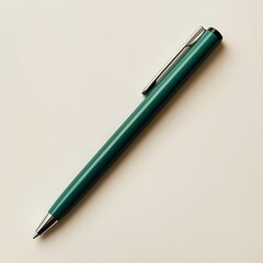 Poster - Closeup photograph of a single green pen lying flat at the center of a plain white or gray surface  The image has a minimalist modern and elegant style focusing on the simple