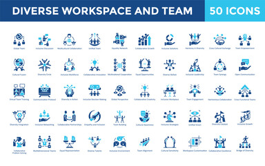 Poster - Diverse workspace and team icon set with global team, inclusive discussion, multicultural collaboration, unified team, equality network, collaborative growth icon. Simple flat vector 
