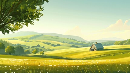 Wall Mural - Tranquil countryside landscape with rolling hills and a farmhouse, capturing rural serenity.