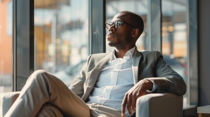 Wall Mural - Stylish African American man sitting and contemplating his future while looking out a window.