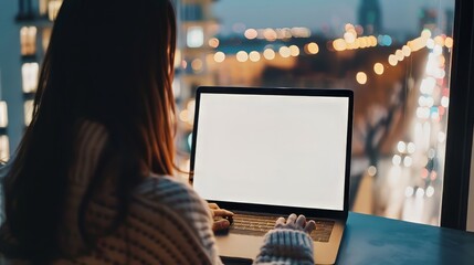 Poster - Focused young woman working on a laptop with a blank copy space screen, ideal for mock-up designs and digital workspace concepts, featuring a modern home office setting with a clean desk and minimalis