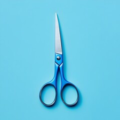 Poster - Centrally placed pair of vibrant blue scissors against a plain minimalist background  The sharp metallic tool is the main focus of this simple yet elegant composition