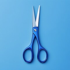 Poster - Vibrant blue pair of scissors placed at the center of a clean plain white background  This minimalist modern image is perfect for professional branding corporate design