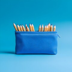 Poster - Closeup shot of a blue pencil case placed at the center and isolated on a plain white background  Minimalist composition for stationery office or school supply design concepts