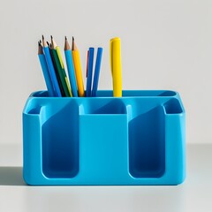 Poster - Stylish and Functional Blue Desk Organizer Positioned at the Center of a Light Colored Background Showcasing a Minimalist and Organized Workspace Setup
