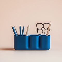 Poster - Meticulously Organized Blue Desk Organizer Displayed on a Serene Light Colored Background Showcasing a Tidy and Efficient Workstation Setup