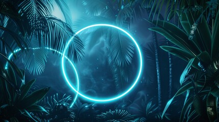 Sticker - 1. Glowing neon circle with BLACK FRIDAY text, tropical palm leaves background, dark blue and teal color scheme, futuristic design, cyber aesthetic, luminous white text, electric blue light effects,