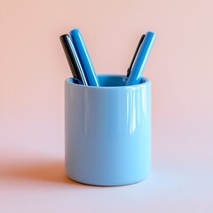 Poster - Elegant blue pen holder centered and displayed on a light minimalist background  The simple clean design makes this office accessory a perfect addition to any professional workspace or creative setup