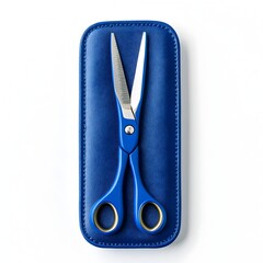 Poster - Minimalist Photograph of a Blue Scissors Case Placed at the Center and Isolated on a Clean White Background