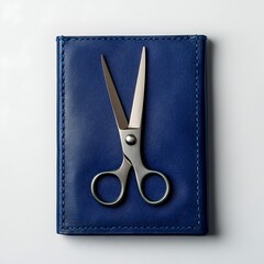 Poster - Minimalist Photograph of a Blue Scissors Case Centered on a Clean White Background Showcasing the Simple Geometric Shape and Vibrant Color of the Stationery Item