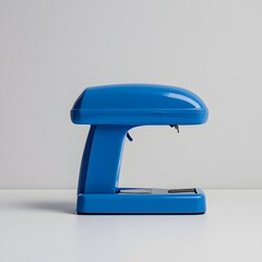 Poster - Photograph of a Blue Stapler Standing Upright at the Center of a Plain White Surface Isolated Against a Minimalist Background