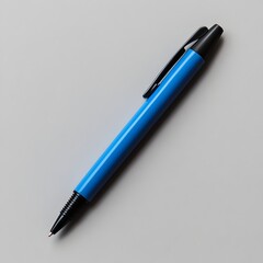 Poster - Closeup view of a blue pen lying flat at the center of a plain uncluttered surface in a minimalist studio setting  The image has a clean contemporary and functional aesthetic