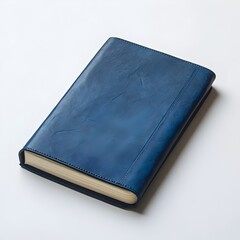 Poster - A simple and elegant blue notebook lying flat at the center of a clean white background  This minimalist still life image showcases the stationery item in a professional organized workspace setting