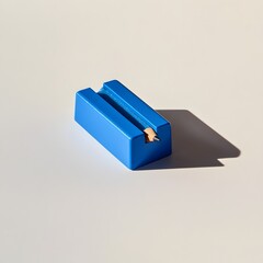 Poster - Close up photograph of a blue pencil sharpener lying flat and centered on a light colored surface  The image showcases the simple minimalist design of the office tool against a clean