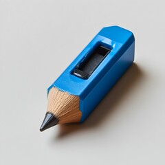 Poster - Close up view of a blue pencil sharpener lying flat at the center of a light colored surface creating a minimalist and clean composition