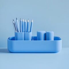 Poster - A simple and sleek blue desk organizer placed at the center of a plain background showcasing a minimalist and organized workspace setup for increased productivity and efficiency