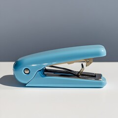 Poster - A close up image of a blue stapler remover centrally positioned on a light colored surface showcasing its simple