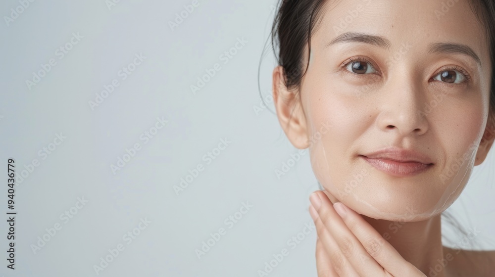 Beautiful asian woman with clean fresh skin on white background, hand ...