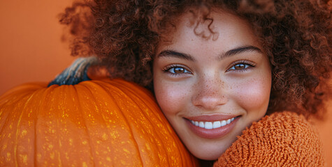 Smiling young woman with curly hair hugging a huge harvest pumpkin on thanksgiving orange background, studio shot with copy space. Concept of halloween and thanksgiving celebration.