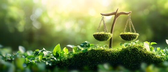 Poster - balanced scales made of wood and moss symbolizing the need for regulatory compliance and environment