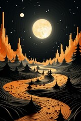 Wall Mural - abstract night landscape with moon and river