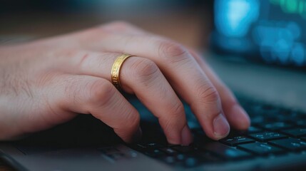 Wall Mural - Close up of an investor s hand wearing a gold ring typing and reviewing market analysis data on a computer screen