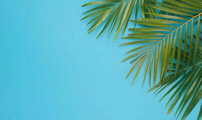 Canvas Print - branch of palm leaves on a solid blue background, Generative AI