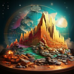 Wall Mural - golden mountain of data: a surreal landscape of chart and stars