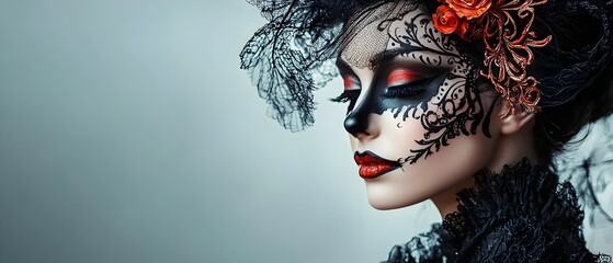 Striking Art Nouveau Inspired Halloween Makeup with Ornate Patterns and Flourishes   Photography Concept Copy Space for Text