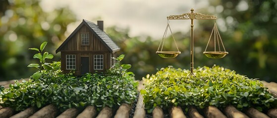 Poster - photography concept depicting a small cottage or house surrounded by lush greenery with scales of ju