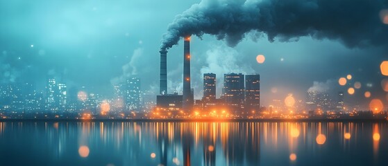 Poster - Dramatic and Moody Cityscape View Showing Smoke Stacks and Chimneys of an Industrial Power Plant at Night with Glowing Lights Reflected on the Calm Surface of a Lake or River