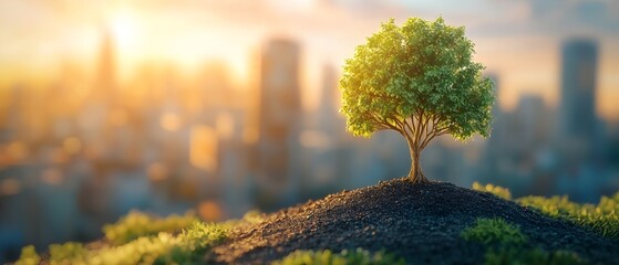 Decarbonization and carbon offset strategies driving sustainable urban development and climate neutrality  A thriving tree growing on a hill overlooking a modern city skyline