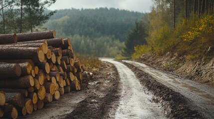 Poster - Stack of Logs by a Muddy Forest Road